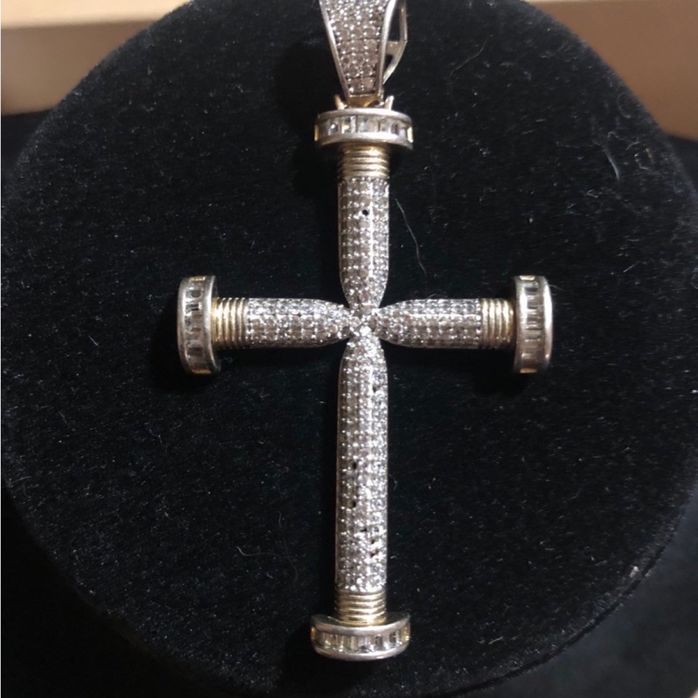 Sterling Silver & 14K Baguette sided cross pendant vintage - Picture 5 of 5